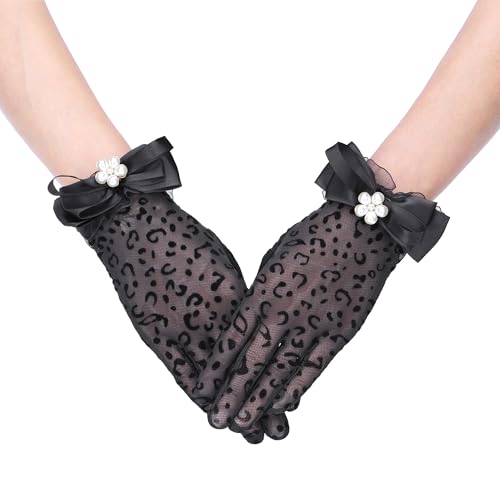Faletony Kurze Spitzenhandschuhe Damen Net Handschuhe mit Perlen Blüten Spitzen Handschuhe Elegant Brauthandschuhe Hochzeit Abendessen Teeparty Kostüm Oper Abschlussball Halloween von Faletony