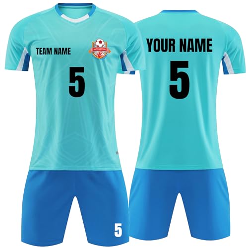 Faletony Personalisiertes Fussball Trikot Kinders Erwachsene Fusstball Shirt & Shorts Set mit Name Nummer Benutzerdefiniert Trikot Fußballtrikot (Polyester, Hellblau) von Faletony