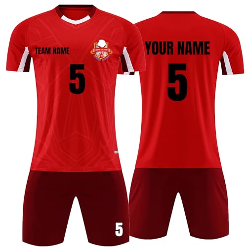 Faletony Personalisiertes Fussball Trikot Kinders Erwachsene Fusstball Shirt & Shorts Set mit Name Nummer Benutzerdefiniert Trikot Fußballtrikot (Polyester, Rot) von Faletony