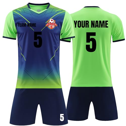 Faletony Personalisiertes Fussball Trikot Kinders Erwachsene Fusstball Shirt & Shorts Set mit Name Nummer Team Logo Fußballtrikot Benutzerdefiniert Trikot (Polyester, Fluoreszierendes Grün) von Faletony