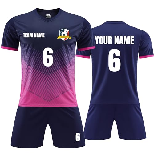 Faletony Personalisiertes Fussball Trikot Kinders Erwachsene Fusstball Shirt & Shorts Set mit Name Nummer Team Logo Fußballtrikot für Kinder Männer Jungen (Polyester, Saphirblau) von Faletony