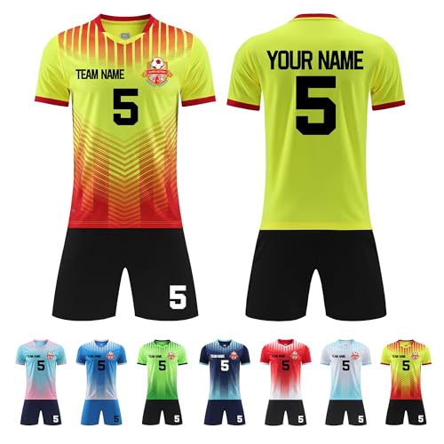 Faletony Personalisiertes Fussball Trikot Kinders Erwachsene Fusstball Shirt & Shorts Set mit Name Nummer Team Logo Personalisierte Fußballtrikot Jungs Mädchen (Polyester, Gelb) von Faletony