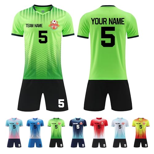 Faletony Personalisiertes Fussball Trikot Kinders Erwachsene Fusstball Shirt & Shorts Set mit Name Nummer Team Logo Personalisierte Fußballtrikot Jungs Mädchen (Polyester, Grün) von Faletony