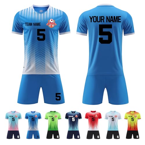 Faletony Personalisiertes Fussball Trikot Kinders Erwachsene Fusstball Shirt & Shorts Set mit Name Nummer Team Logo Personalisierte Fußballtrikot Jungs Mädchen (Polyester, Hellblau) von Faletony
