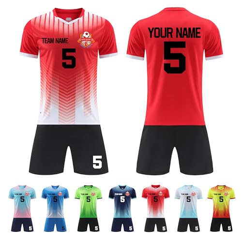 Faletony Personalisiertes Fussball Trikot Kinders Erwachsene Fusstball Shirt & Shorts Set mit Name Nummer Team Logo Personalisierte Fußballtrikot Jungs Mädchen (Polyester, Rot) von Faletony