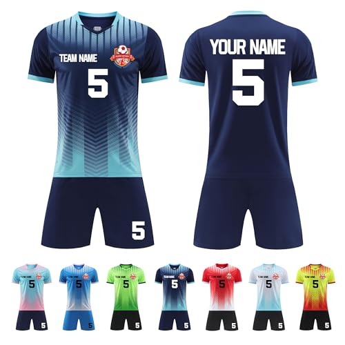 Faletony Personalisiertes Fussball Trikot Kinders Erwachsene Fusstball Shirt & Shorts Set mit Name Nummer Team Logo Personalisierte Fußballtrikot Jungs Mädchen (Polyester, Saphirblau) von Faletony