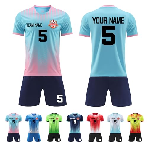 Faletony Personalisiertes Fussball Trikot Kinders Erwachsene Fusstball Shirt & Shorts Set mit Name Nummer Team Logo Personalisierte Fußballtrikot Jungs Mädchen (Polyester, Seeblau) von Faletony