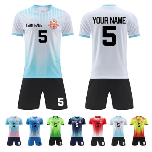 Faletony Personalisiertes Fussball Trikot Kinders Erwachsene Fusstball Shirt & Shorts Set mit Name Nummer Team Logo Personalisierte Fußballtrikot Jungs Mädchen (Polyester, Weiß) von Faletony