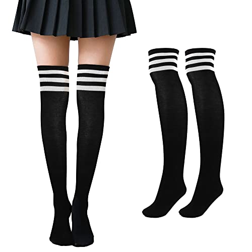 Faletony Overknee Strümpfe Kniestrümpfe gestreifte Sportsocken College Cheerleader Kostüm Baumwollstrümpfe Overknees (as3, numeric, numeric_39, numeric_43, regular, regular, Weißer Streifen schwarz) von Faletony