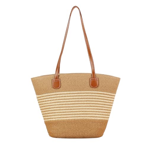 Faletony Stroh Strandtasche Flechttasche Damen Schultertasche Strohtasche Groß Umhängetasche Sommer Shopper Handtasche Korbtasche für Strand Reise Einkauf (Weiße Streifen) von Faletony