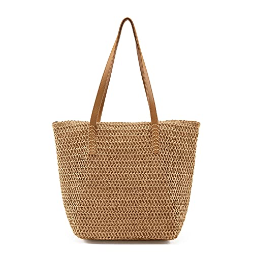 Faletony Stroh Strandtasche Flechttasche Strohtasche Groß Umhängetasche Sommer Shopper Handtasche Einkaufstasche Korbtasche für Strand Reise Einkauf (Stil 2-Hellbraun) von Faletony