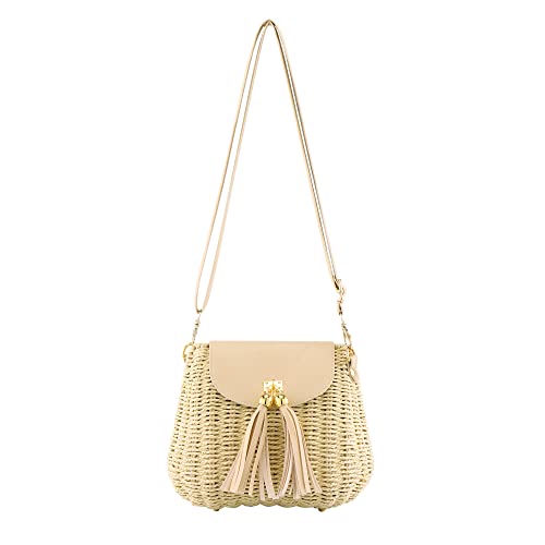 Faletony Stroh Umhängetasche Damen Quaste Strandtasche Korbtasche Sommer Stroh Tasche für Reisen, Verabredung und Urlaub (Beige) von Faletony