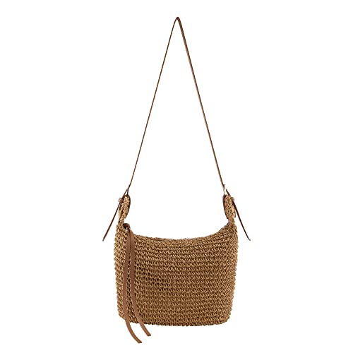 Faletony Stroh Umhängetasche Damen Strohtasche Korbtasche Sommer Stroh Tasche für Reisen, Verabredung und Urlaub (Helle Kaffeefarbe) von Faletony