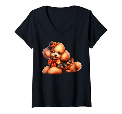 Damen Small Dog Puppy In Orange and Black Costume for Mini Poodle T-Shirt mit V-Ausschnitt Damen Small Dog Puppy In Orange and Black Costume for Mini Poodle T-Shirt mit V-Ausschnitt von Fall And Halloween Poodle Gifts For Poodle Lovers
