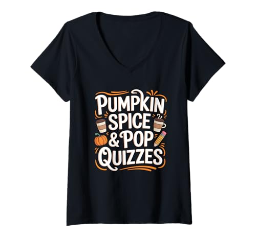 Damen Kürbisgewürz & Pop Quiz Herbst Back to School T-Shirt mit V-Ausschnitt Damen Kürbisgewürz & Pop Quiz Herbst Back to School T-Shirt mit V-Ausschnitt von Fall Autumn Back to School Cozy School Season