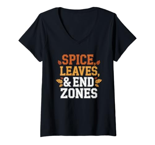 Damen Gewürz, Blätter und Endzonen Herbst Fußball T-Shirt mit V-Ausschnitt Damen Gewürz, Blätter und Endzonen Herbst Fußball T-Shirt mit V-Ausschnitt von Fall Autumn Football Fall Football Season
