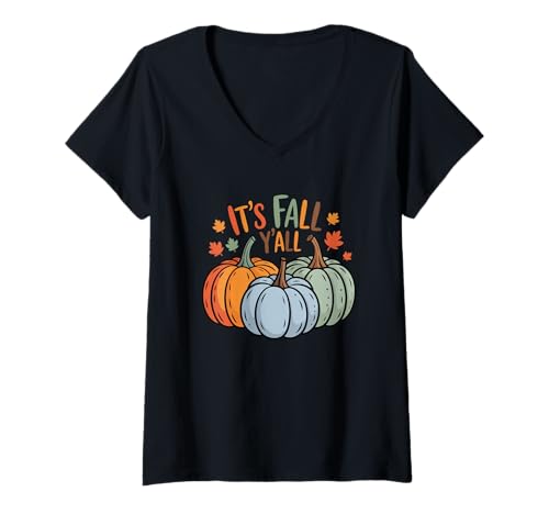Damen It's Fall Y'all Pumpkin Leaf Autumn Vibes T-Shirt mit V-Ausschnitt Damen It's Fall Y'all Pumpkin Leaf Autumn Vibes T-Shirt mit V-Ausschnitt von Fall Autumn Pumpkin Leaves Seasonal Celebration