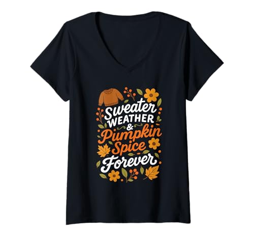 Damen Pumpkin Spice Shirt Damen Latte Herbst Pullover Wetter T-Shirt mit V-Ausschnitt Damen Pumpkin Spice Shirt Damen Latte Herbst Pullover Wetter T-Shirt mit V-Ausschnitt von Fall Autumn Pumpkin Spice Shirt Women Tee Shirt