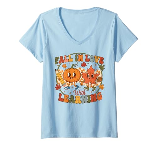 Damen Autumn Pumpkin Teacher Retro Fall In Love with Learning T-Shirt mit V-Ausschnitt Damen Autumn Pumpkin Teacher Retro Fall In Love with Learning T-Shirt mit V-Ausschnitt von Fall Autumn Thanksgiving Teacher Tees