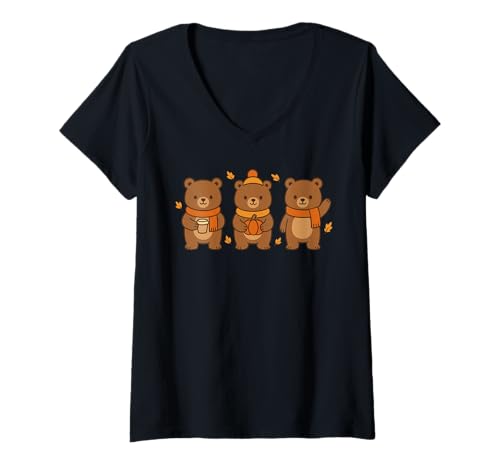 Damen Entzückende Bären halten Kürbiskaffee im Herbst winken T-Shirt mit V-Ausschnitt Damen Entzückende Bären halten Kürbiskaffee im Herbst winken T-Shirt mit V-Ausschnitt von Fall Bear Style