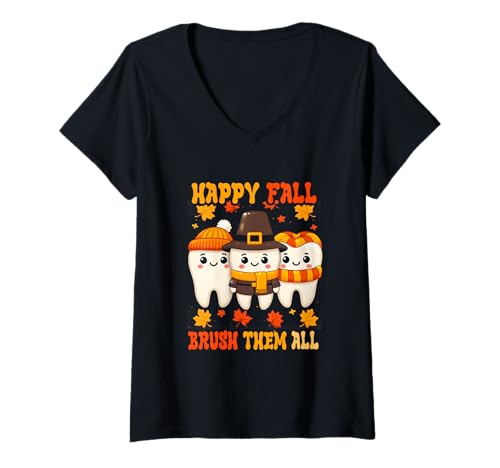 Damen Happy Fall Brush Them All Teeth Thanksgiving Zahnarzt T-Shirt mit V-Ausschnitt Damen Happy Fall Brush Them All Teeth Thanksgiving Zahnarzt T-Shirt mit V-Ausschnitt von Fall Brush Them All Teeth Thanksgiving Dental 0