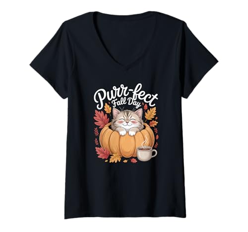 Damen Purr-FECT Herbst Day Niedliche Katze Kürbis Herbst T-Shirt mit V-Ausschnitt Damen Purr-FECT Herbst Day Niedliche Katze Kürbis Herbst T-Shirt mit V-Ausschnitt von Fall Cat Lover Apparel Gifts by Anastasia