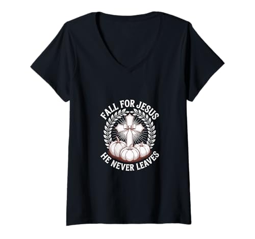 Damen Verliebe Dich in Jesus, er verlässt Niemals Faith Pumpkins Cross T-Shirt mit V-Ausschnitt Damen Verliebe Dich in Jesus, er verlässt Niemals Faith Pumpkins Cross T-Shirt mit V-Ausschnitt von Fall Christian Faith Apparel Co