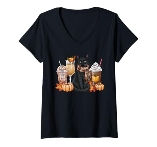Damen Kürbis-Gewürz-Latte-Kostüm für Katzenliebhaber, niedlicher Herbst T-Shirt mit V-Ausschnitt Damen Kürbis-Gewürz-Latte-Kostüm für Katzenliebhaber, niedlicher Herbst T-Shirt mit V-Ausschnitt von Fall Coffee Pumpkin Spice Latte Thanksgiving Gifts