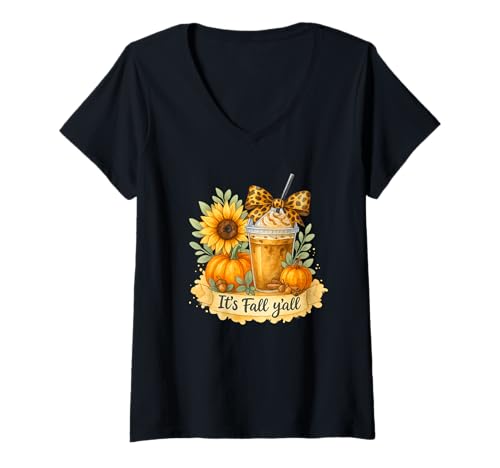 Damen It’s Fall Y’All Iced Coffee Pumpkin Spice Watercolor T-Shirt mit V-Ausschnitt Damen It’s Fall Y’All Iced Coffee Pumpkin Spice Watercolor T-Shirt mit V-Ausschnitt von Fall Coffee & Sunflowers Co.