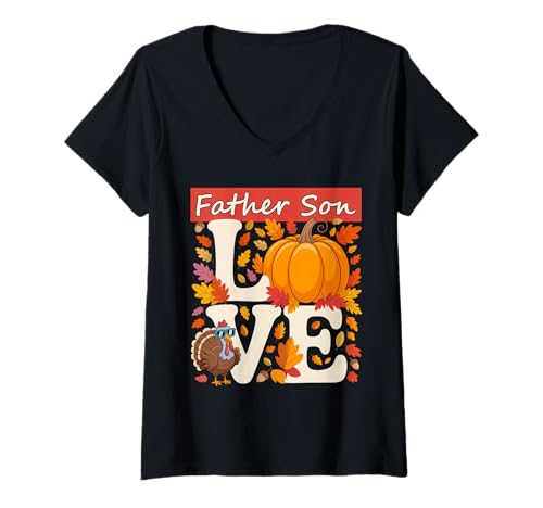 Damen Mutter Sohn Thanksgiving Kürbis Familie Partnerlook T-Shirt mit V-Ausschnitt Damen Mutter Sohn Thanksgiving Kürbis Familie Partnerlook T-Shirt mit V-Ausschnitt von Fall Family Gathering Harvest Apparel