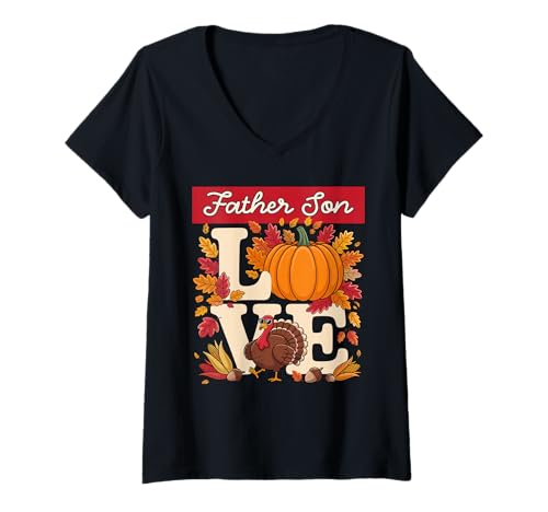 Damen Mutter Sohn Thanksgiving Kürbis Familie Partnerlook T-Shirt mit V-Ausschnitt Damen Mutter Sohn Thanksgiving Kürbis Familie Partnerlook T-Shirt mit V-Ausschnitt von Fall Family Gathering Harvest Apparel