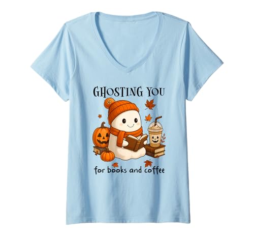Damen Ghosting You for Coffee and Books Fall Ghost Reading Boojee T-Shirt mit V-Ausschnitt Damen Ghosting You for Coffee and Books Fall Ghost Reading Boojee T-Shirt mit V-Ausschnitt von Fall Ghost Shirt,Ghosting You for Books and Coffee