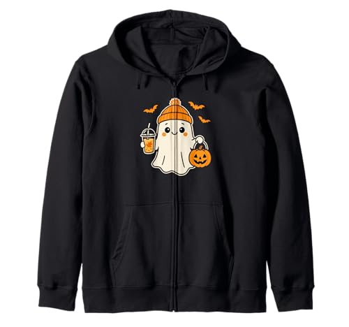 Niedliches Halloween für Frauen Geist in Beanie Mütze Kürbis Kaffee Kapuzenjacke von Fall Ghost With Coffee