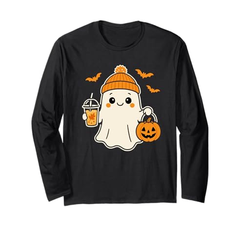 Niedliches Halloween für Frauen Geist in Beanie Mütze Kürbis Kaffee Langarmshirt von Fall Ghost With Coffee