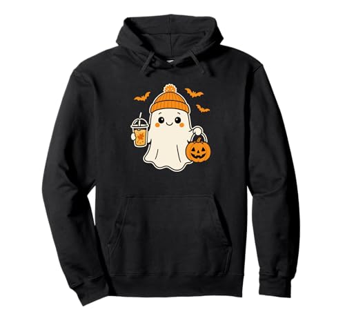 Niedliches Halloween für Frauen Geist in Beanie Mütze Kürbis Kaffee Pullover Hoodie von Fall Ghost With Coffee