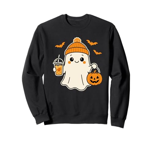 Niedliches Halloween für Frauen Geist in Beanie Mütze Kürbis Kaffee Sweatshirt von Fall Ghost With Coffee