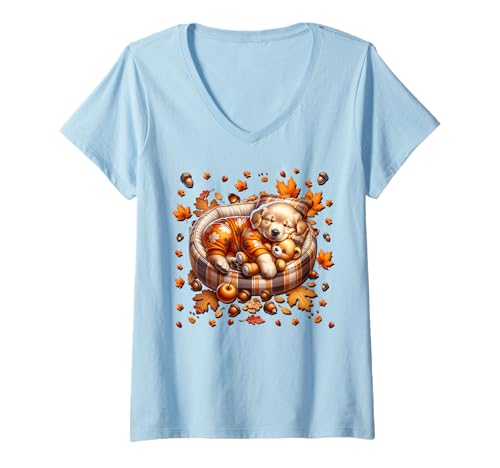 Damen Aesthetic Dog Stuff Fall Graphic with Golden Retriever Puppy T-Shirt mit V-Ausschnitt von Fall Golden Retriever Gifts For Women Puppy Lover