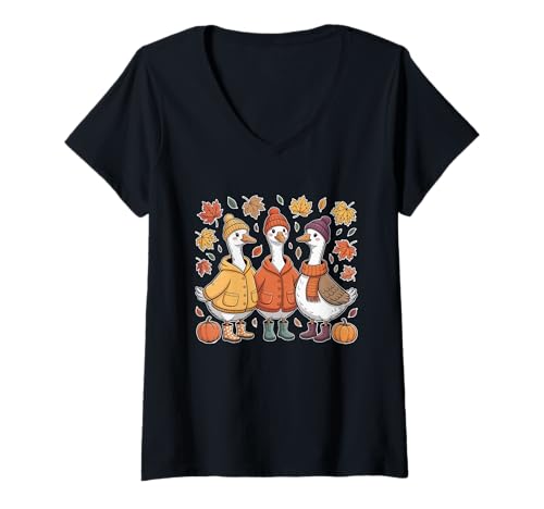 Damen Herbst Goose Trio Herbst Kürbis Blätter Gemütlicher Pullover Wetter T-Shirt mit V-Ausschnitt von Fall Goose Autumn Pumpkin Leaves
