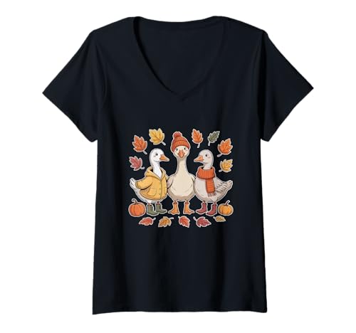Damen Herbst Goose Trio Herbst Kürbis Blätter Gemütlicher Pullover Wetter T-Shirt mit V-Ausschnitt von Fall Goose Autumn Pumpkin Leaves