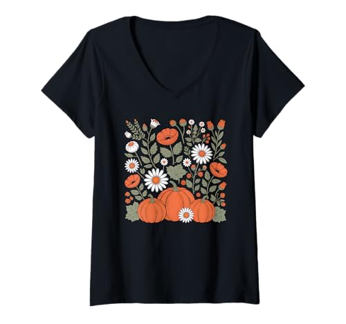 Damen Fall Graphic Pumpkin T-Shirt mit V-Ausschnitt von Fall Graphic Pumpkin Wear