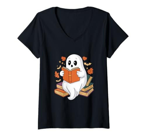 Damen Niedliche Geister-Lesebücher – Herbst-Halloween-Buchliebhaber-Design T-Shirt mit V-Ausschnitt Damen Niedliche Geister-Lesebücher – Herbst-Halloween-Buchliebhaber-Design T-Shirt mit V-Ausschnitt von Fall Halloween Book Lover Design Vibes