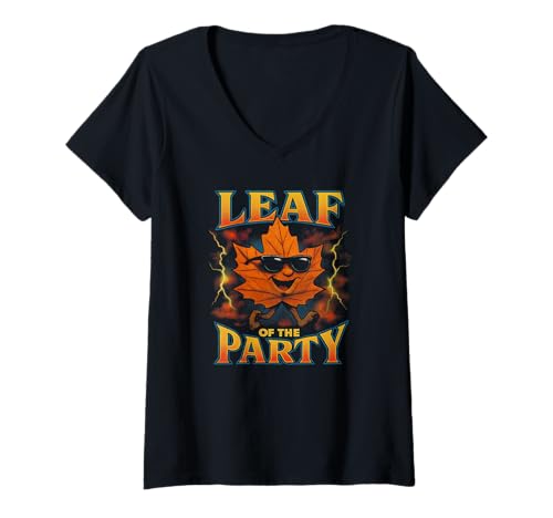 Damen Leaf of The Party Happy Fall Harvest Laub-Wortspiel T-Shirt mit V-Ausschnitt von Fall Harvest Festival Novelty Apparel