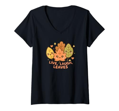 Damen Live Laugh Leaves Happy Herbst Harvest Laub-Wortspiel T-Shirt mit V-Ausschnitt Damen Live Laugh Leaves Happy Herbst Harvest Laub-Wortspiel T-Shirt mit V-Ausschnitt von Fall Harvest Festival Novelty Apparel