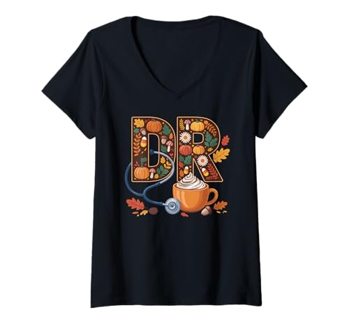 Damen DR Doctor Fall Pumpkin Spice Coffee Stethoskop Kunst T-Shirt mit V-Ausschnitt Damen DR Doctor Fall Pumpkin Spice Coffee Stethoskop Kunst T-Shirt mit V-Ausschnitt von Fall Healthcare Professional Pride by NLTS