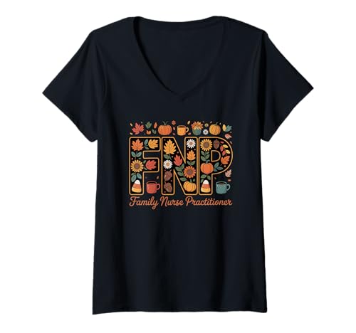 Damen FNP Familienkrankenschwester, Herbstkürbis-Design T-Shirt mit V-Ausschnitt Damen FNP Familienkrankenschwester, Herbstkürbis-Design T-Shirt mit V-Ausschnitt von Fall Healthcare Professional Pride by NLTS