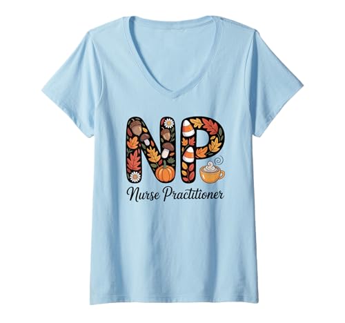 Damen NP Nurse Practitioner Herbst-Kürbis-Gewürz-Design T-Shirt mit V-Ausschnitt Damen NP Nurse Practitioner Herbst-Kürbis-Gewürz-Design T-Shirt mit V-Ausschnitt von Fall Healthcare Professional Pride by NLTS
