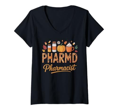 Damen PharmD Herbst Apotheker Kürbis Latte Candy Corn Design T-Shirt mit V-Ausschnitt Damen PharmD Herbst Apotheker Kürbis Latte Candy Corn Design T-Shirt mit V-Ausschnitt von Fall Healthcare Professional Pride by NLTS