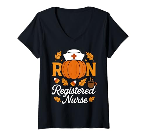 Damen RN Registered Nurse Pumpkin Spice Herbst Coffee Art T-Shirt mit V-Ausschnitt Damen RN Registered Nurse Pumpkin Spice Herbst Coffee Art T-Shirt mit V-Ausschnitt von Fall Healthcare Professional Pride by NLTS