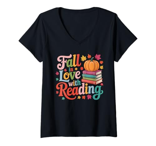 Damen Verliebe Dich in das Lesen, Herbst-Thanksgiving-Shirt, Lehrerin T-Shirt mit V-Ausschnitt Damen Verliebe Dich in das Lesen, Herbst-Thanksgiving-Shirt, Lehrerin T-Shirt mit V-Ausschnitt von Fall In Love With Reading Apparel