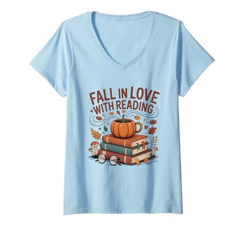 Damen Herbst Lesen Liebe Kürbis Buch Brille Herbst Frauen Mädchen T-Shirt mit V-Ausschnitt Damen Herbst Lesen Liebe Kürbis Buch Brille Herbst Frauen Mädchen T-Shirt mit V-Ausschnitt von Fall In Love with Reading